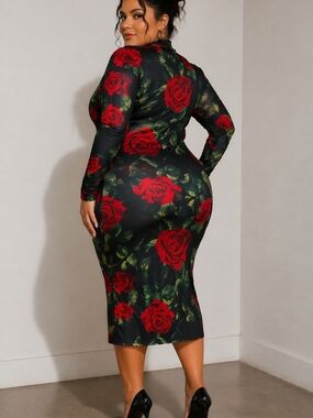 Black Long Sleeve Rose Print Midi Bodycon Dress
